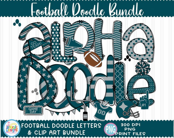 Football Doodle Letters png Green and Silver Hand Drawn alpha pack clip art Alphabet A - Z Numbers Set Sublimate Design Printable png Font
