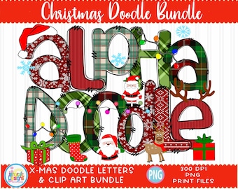 Christmas Doodle Letters Alphabet Bundle with Clipart Alpha pack, add-on Elements Kids letters clip art png hand drawn sublimation