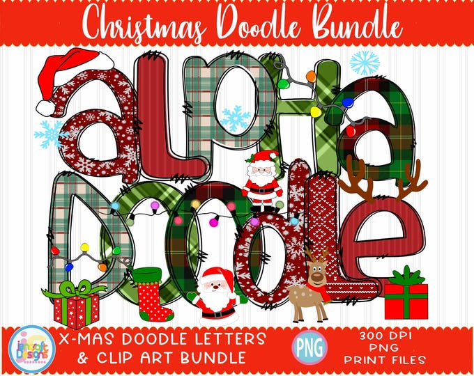 Christmas Doodle Letters Alphabet Bundle with Clipart Alpha pack, add-on Elements Kids letters clip art png hand drawn sublimation