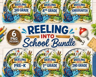 Fishing Back to School PNG Bundle, Reeling Into School, Boys Pre-K to 4th Grade