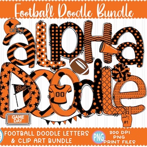 Football Sublimation Doodle Letters png Black Orange Hand Drawn alpha pack clip art Alphabet A-Z  Numbers Set Sublimate Design png Font
