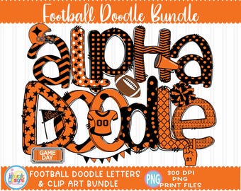 Football Sublimation Doodle Letters png Black Orange Hand Drawn alpha pack clip art Alphabet A-Z  Numbers Set Sublimate Design png Font