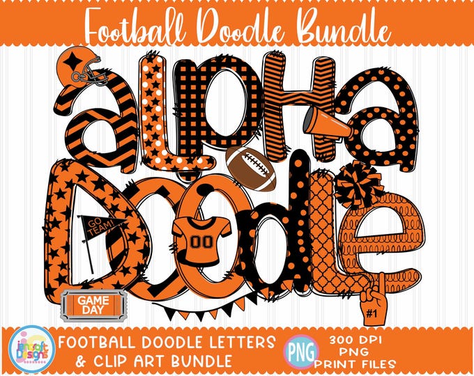 Football Sublimation Doodle Letters png Black Orange Hand Drawn alpha pack clip art Alphabet A-Z  Numbers Set Sublimate Design png Font