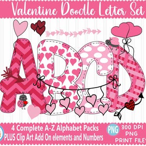 Valentine Faux Applique Doodle Letras png Pacote alfa desenhado à mão Alfabeto A - Z Conjunto Sublimate Design Imprimível png Arquivo de impressão por sublimação