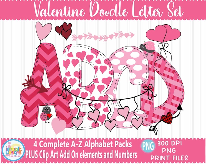 Valentine Faux Applique Doodle Letters png Hand Drawn alpha pack Alphabet A - Z Set Sublimate Design Printable png Sublimation Print file