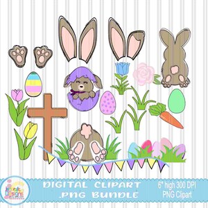 May include: Digital clipart bundle with Easter illustrations. Includes bunny ears, paw prints, eggs, flowers, a cross, and a carrot. The text "DIGITAL CLIPART .PNG BUNDLE" is displayed. The image is 15.24 cm high at 300 DPI.