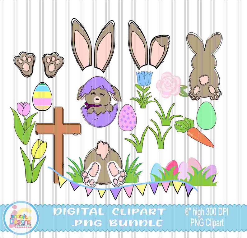 May include: Digital clipart bundle with Easter illustrations. Includes bunny ears, paw prints, eggs, flowers, a cross, and a carrot. The text "DIGITAL CLIPART .PNG BUNDLE" is displayed. The image is 15.24 cm high at 300 DPI.
