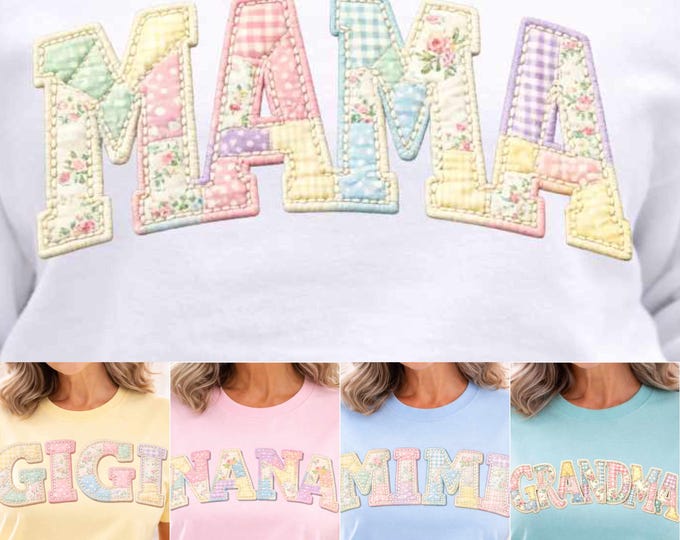 Patchwork Floral Mama PNG Bundle, Grandma Core Varsity Mom PNG, Faux Embroidery Mothers Day