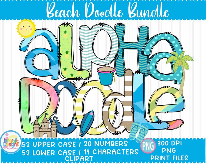 Beach Sublimation Doodle Letters png Summer Hand Drawn alpha pack Numbers Alphabet A - Z Set Sublimate Design Printable png