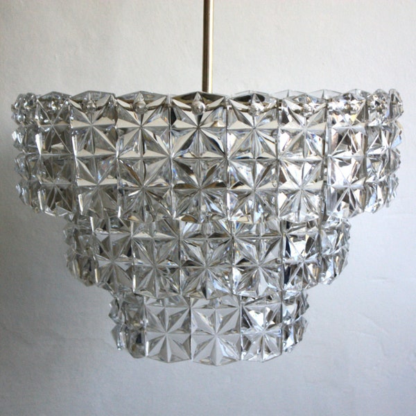 Vintage Crystal Glass Chandelier - Vintage Ceiling Pendant Lamp - Czech Glass Chandelier - Mid Century Lighting