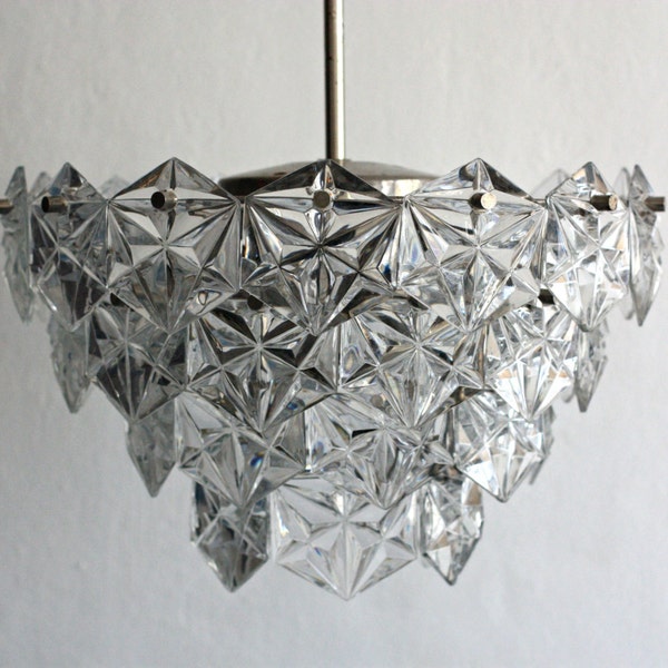 Vintage Crystal Glass Chandelier - Vintage Ceiling Pendant Lamp - Czech Glass Chandelier - Mid Century Lighting