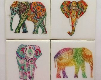 Coasters- Handmade Colorful Elephant Ceramic Coaster Set of 4- Colorful Indian Elephants- Home Decor- Elephant Decor
