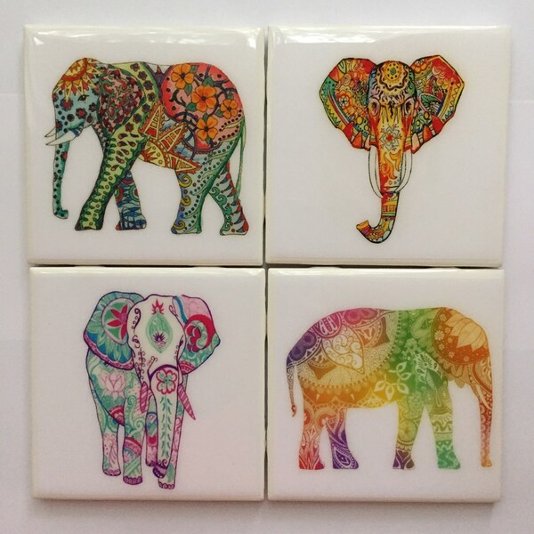 Sottobicchieri - elefante variopinto Handmade ceramica Coaster Set di 4-elefanti indiani colorati - Decor - elefante Oggettistica per la casa