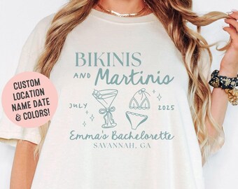 Bikinis & Martinis Shirt Bachelorette Party Tee • Custom Bride Name Beach Bach Shirt • Tropical Girls Trip Tee • Summer Bridal Party Shirts