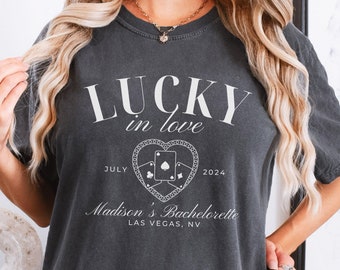 Personalized Lucky in Love Las Vegas Bachelorette Party Shirt | Casino Theme Party | Luxe Country Club Style | Custom Name, Location & Date