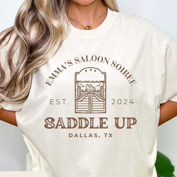 Personalized Western Bachelorette Party Shirt, Saloon Soiree Tee, Custom Cowgirl Bride Apparel, Saddle Up Nashville Country Girls Weekend