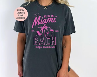 Camisa personalizada para despedida de solteira em Miami Beach - Camiseta divertida para noivas de verão, tema de festa na praia, lembrancinhas para despedida de solteira, estamos em Miami Bach