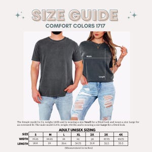 Puede incluir: Gu&iacute;a de tallas para camisetas Comfort Colors 1717. La imagen muestra a un hombre y una mujer usando las camisetas. La tabla de tallas proporciona medidas en pulgadas para tallas unisex para adultos, que van de la S a la 4X. La modelo mide 163 cm y el modelo masculino mide 183 cm.