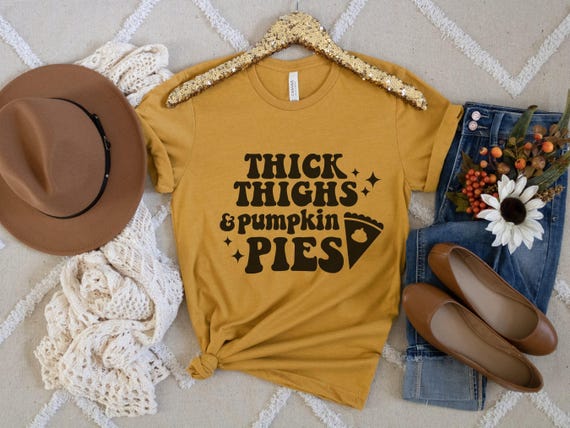 Funny Thanksgiving Shirt, Thick Thighs and Pumpkin Pies Retro Style Tee, Thanksgiving Humor, Holiday Apparel, Workout Shirt,  Foodie Gift