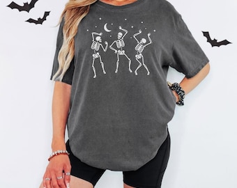 Camiseta retro de Halloween - Camiseta de colores cómodos con esqueletos danzantes - Top gráfico vintage espeluznante