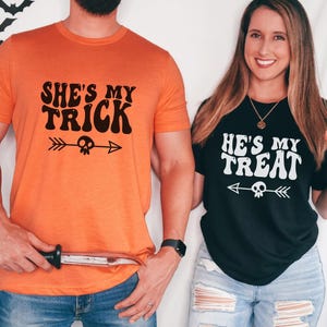 She&#39;s My Trick, He&#39;s My Treat Matching Halloween Couple Shirts, Trick or Treat Couple Shirts, Spooky Couple Costumes, Couple Party Outfits