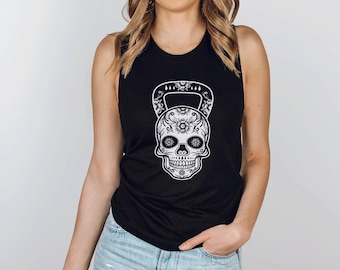 Camiseta regata Sugar Skull Kettlebell Workout - Camisetas de treino para mulheres - Camisetas de fitness - Camiseta de ginástica engraçada - Motivação para o treino