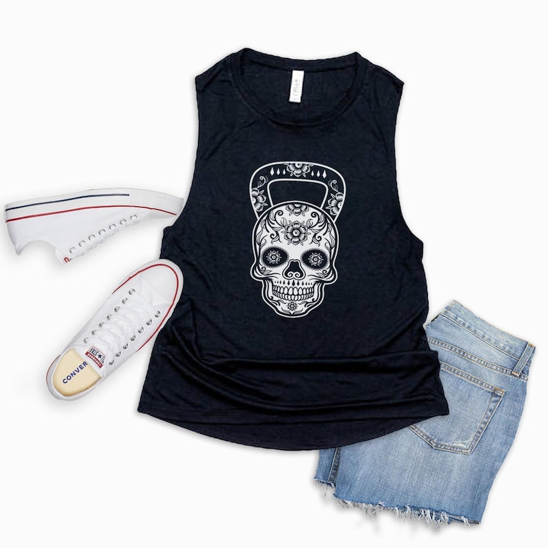 Sugar skull fitness tank top, funny gym tshirt, Workout tank for women, Fitness shirts, Workout Motivation, Gym Apparel, Workout Clothes image 1