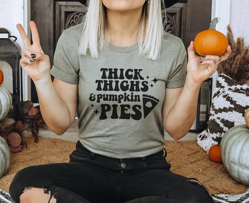 Funny Thanksgiving Shirt, Thick Thighs and Pumpkin Pies Retro Style Tee, Thanksgiving Humor, Holiday Apparel, Workout Shirt, Foodie Gift image 2