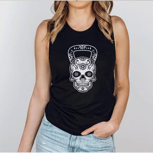 Sugar skull fitness tank top, funny gym tshirt, Workout tank for women, Fitness shirts, Workout Motivation, Gym Apparel, Workout Clothes image 2