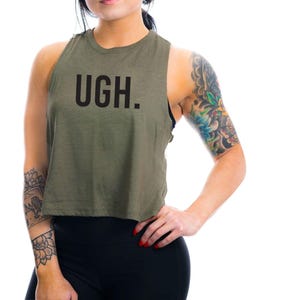 Canotta corta da allenamento Ugh • Maglietta da palestra divertente per donna • Top corto da fitness sarcastico • Maglietta minimalista con umorismo da palestra