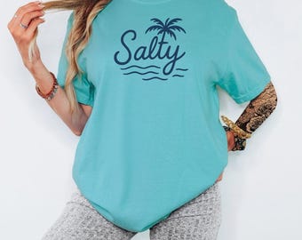 Salty Shirt - Funny Summer Tee - Beach Vibes Palm Tree Shirt - Retro Vintage Script - Comfort Colors Unisex Tee