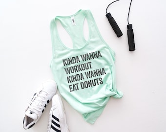 Zabawny top do ćwiczeń z pączkiem, Koszulka do ćwiczeń, Koszulka do ćwiczeń z pączkiem, Prezent fitness, Koszulka do podnoszenia ciężarów, Damski top do ćwiczeń, Trochę chcę zjeść pączki