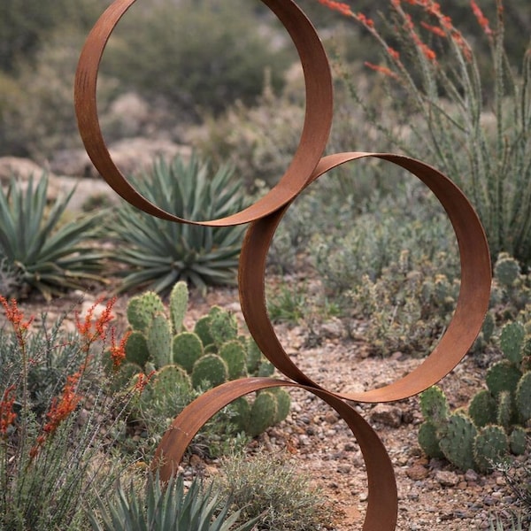 Corten Steel Garden Sculpture, Three Ring Outdoor Metal Art, Modern Abstract Yard Landscape