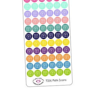 May include: A sheet of colorful stickers with a grid pattern. The stickers are arranged in rows and columns, with each sticker featuring a different color. The sheet is labeled "TI06 Math Icons".