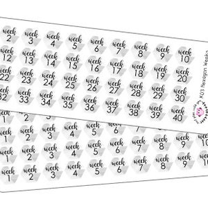May include: Two sheets of white sticker paper with black and gray hexagon-shaped stickers. The stickers are numbered from 1 to 40, with the text "week" before each number. The text "KO3 Hexagon Weeks" is printed on the bottom right corner of each sheet.