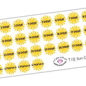 May include: A white sheet with yellow sun-shaped stickers that count down the days until the last day of school. The stickers are numbered from 1 to 30, with the last sticker saying "Last Day of School". The stickers also include "1 month", "2 months", "3 months", and "4 months". The sheet also includes the text "T112 Sun Countdown".