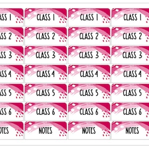 May include: A set of 24 pink and white classroom headers with a rainbow design. The headers include "Class 1" through "Class 6" and "Notes".