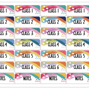 May include: A set of 24 colorful classroom labels with rainbow designs and white text. The labels include "Class 1" through "Class 6" and "Notes".