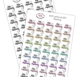May include: A set of 36 colorful stickers with the text "IEP Meeting" written in cursive. The stickers are arranged in rows on a white background.