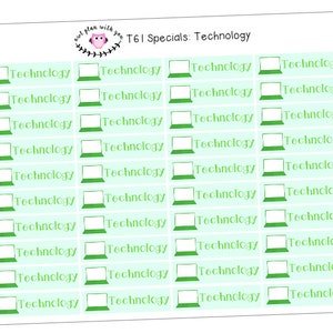May include: A sheet of 24 green and white printable planner stickers with the text "Technology" and a laptop icon. The stickers are designed for use in a planner or bullet journal.