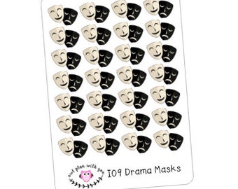 May include: A sheet of 36 black and white comedy and tragedy masks stickers. The stickers are arranged in a grid pattern. The text "IO9 Drama Masks" is at the bottom of the sheet.