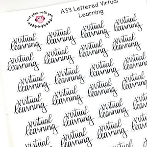 May include: A sheet of clear stickers with the phrase "virtual learning" written in black cursive script. The stickers are arranged in a grid pattern.
