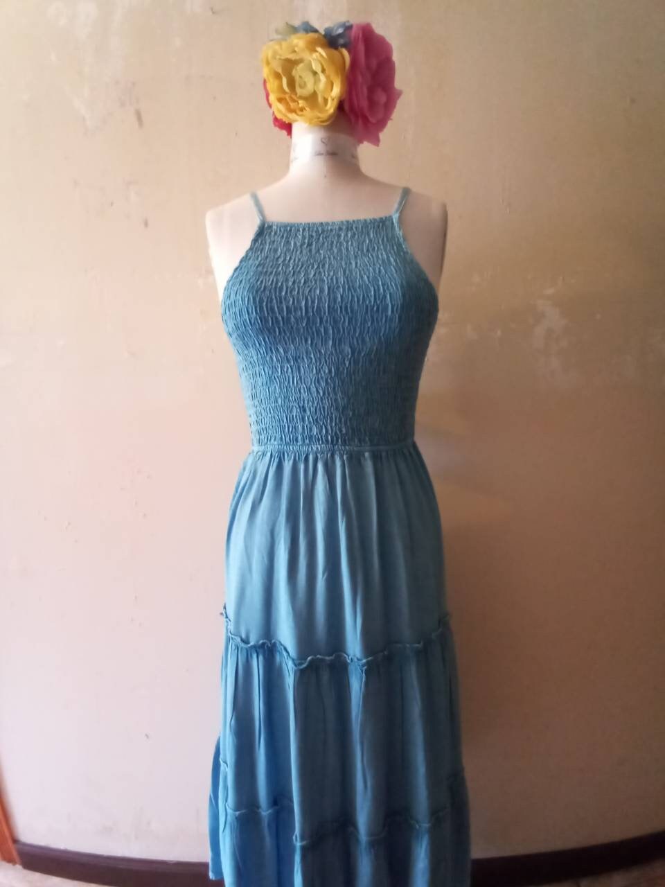 TrendAura Blue Denim Maxi Dress Open Back Slim Fit For Fashion Forward Women Spring Versatile