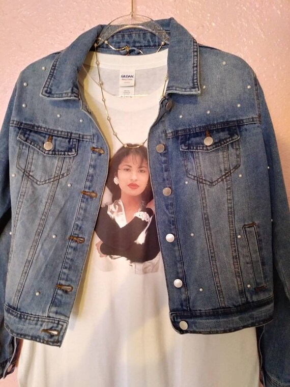 distressed denim jacket with pearls