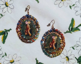 Frida portrait Earrings Original Handmade jewelry, authentic Mexican Frida pierced earrings SPARKLES, NEW!
