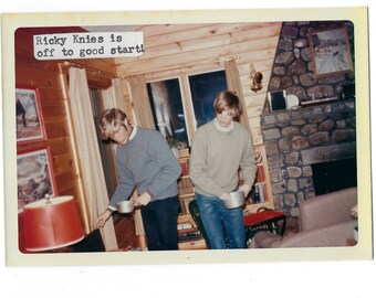 Rainy day fun. 1970s vintage snapshots of 2 teens (Ricky Knies) playing a game involving pots.