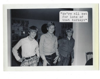 Those slacks! 1970s vintage snapshot photo of 3 stylish boys.