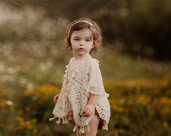 Sarah boho lace outfit for cake smash outdoor sitter photography in beige and mustard yellow photo prop US duty paid