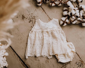 Arla lace cake smash outfit girl 1st birthday boho lace romper dress top and bottoms in cream with cream jersey bottoms US customs pre paid