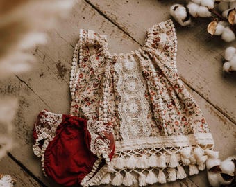 Rose Boho baby outfit top and bottoms set for cake smash outdoor sitter photography textured bohemian outfit US customs pre paid